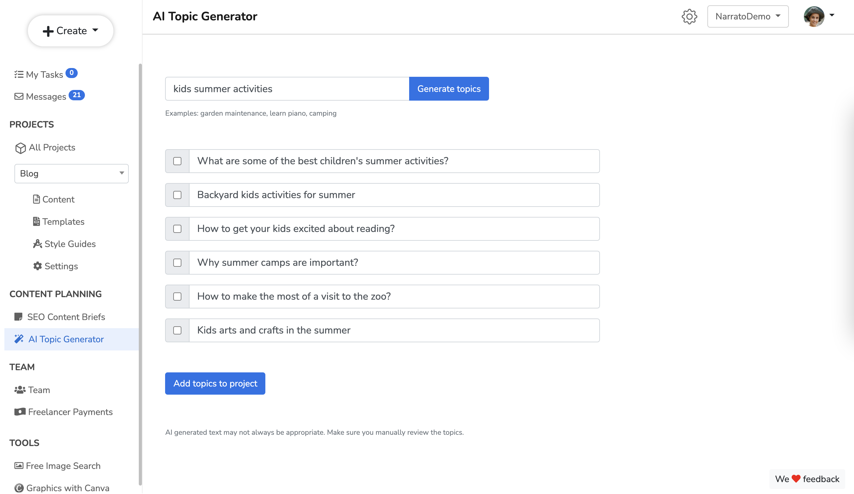 screenshot of Narrato Workspace